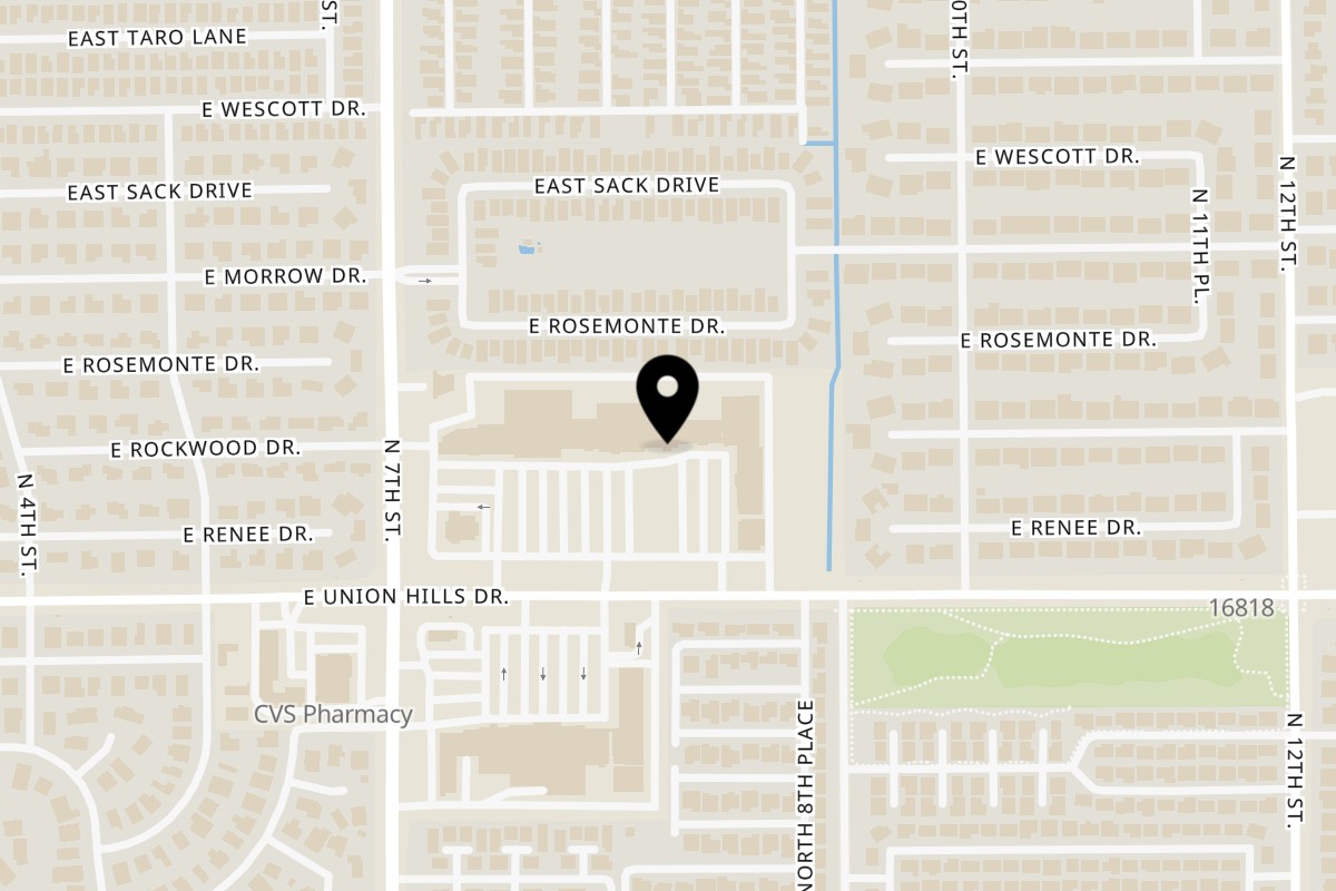 Map showing the location of MidEast Eats on 814 E Union Hills Dr C8 in Phoenix